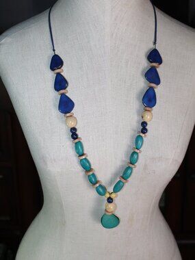 Boho 32" Large Turquoise Blue Cream Beads on Adjustable Cord Necklace